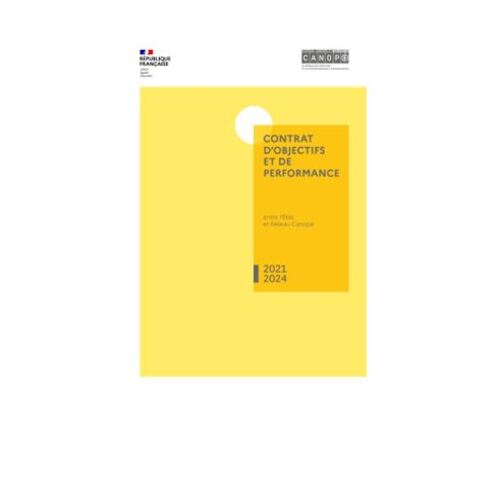 Visuel de la couverture du contrat d'objectifs et de performance 2021-2024 de Réseau Canopé. Couleur dominante : jaune. Logo avec le bloc Marianne et le logo de Réseau Canopé