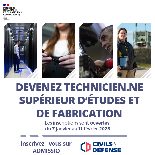 Devenez technicienne / technicien supérieur d’études et de fabrications (TSEF). Les inscriptions sont ouvertes du 7 janvier au 11 février 2025. Inscrivez-vous sur ADMISSIO. Civils de la Défense